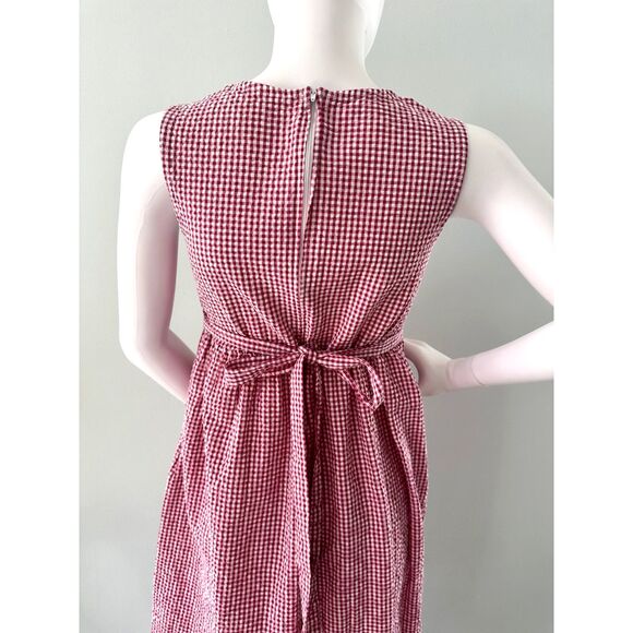 Vintage Pink Gingham Tulip Cottagecore Dress Sleeveless Midi Bow Pockets JR S - Picture 5 of 7